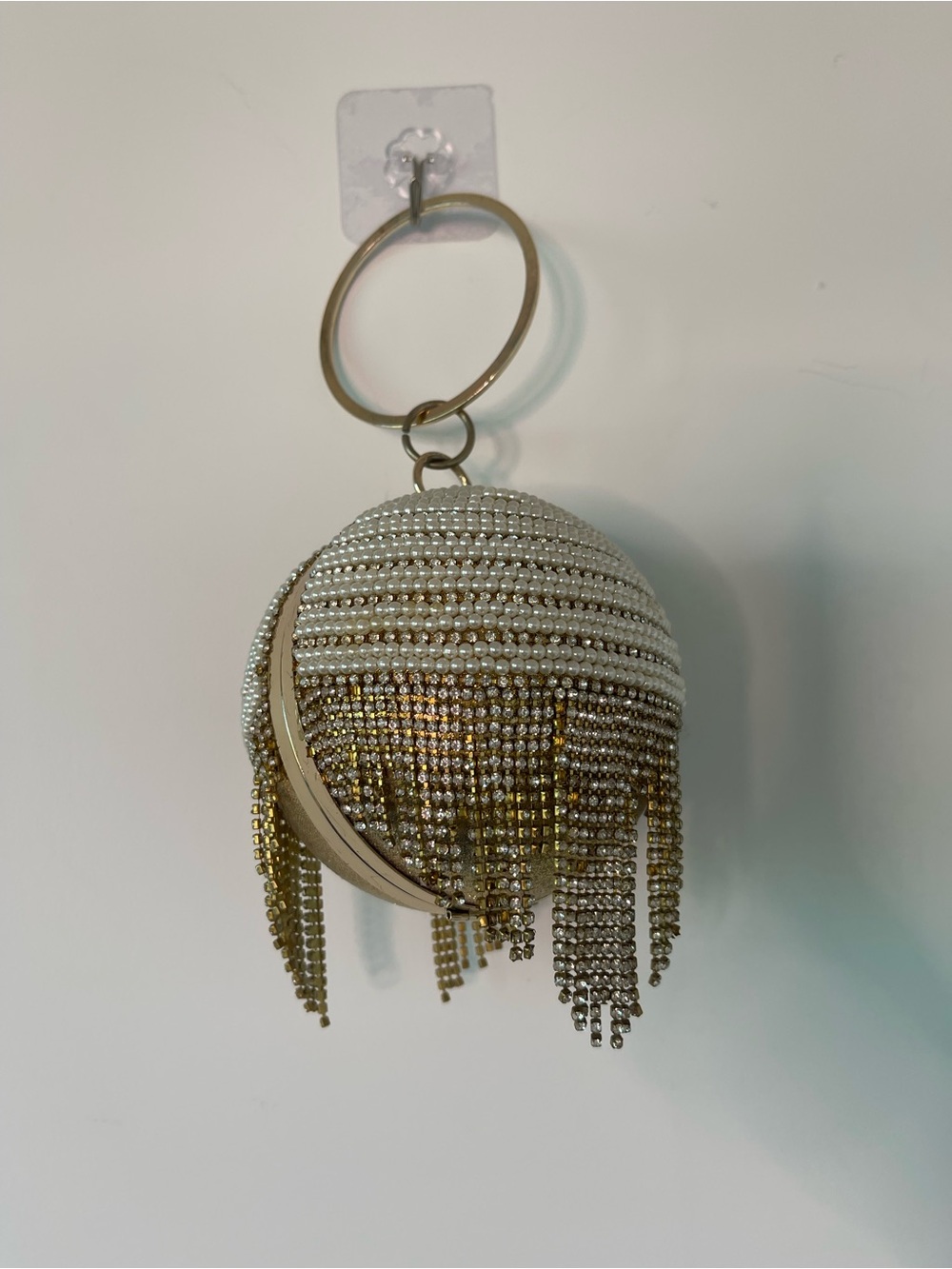 Pearl Rhinestone Sphere Ball Clutch Fringe Ring Handle Evening Bag